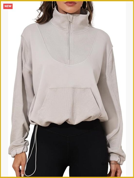 Tops - Ribbed Half Zip Cropped Sweatshirt with Pockets